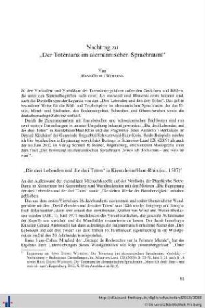 Nachtrag zu „Der Totentanz im alemannischen Sprachraum“.