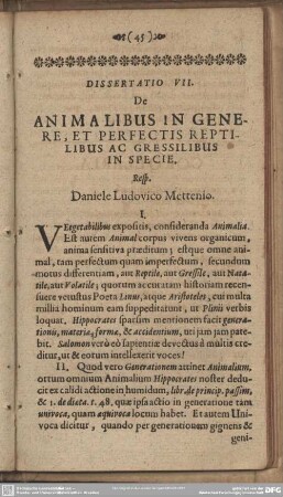 Dissertatio VII. De Animalibus In Genere, Et Perfectis Reptilibus Ac Gressilibus In Specie