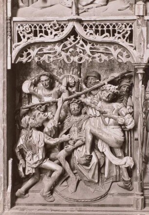 Flügelaltar : Flügelaltar. Holz, geschnitzt, gefaßt (1480/1510). Detail mit Dornenkönung. Salzwedel, Marienkirche