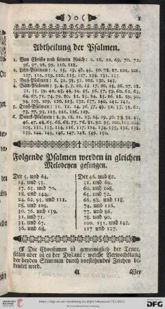 Abtheilung der Psalmen / Folgende Psalmen werden in gleichen Melodeyen gesungen