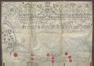 Lehrbrief für den Hof- und Feldtrompeter Johann Dietrich Schneeberger in Karlsruhe, ausgestellt vom Hof- und Feldtrompeter Friedrich Ludwig Pfeiffer in Karlsruhe