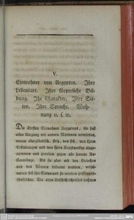 V. Einwohner von Aegypten. Ihre Lebensart. Ihre körperliche Bildung. Ihr Charakter. Ihre Sitten. Ihre Sprache. Wohnung u.s.w.