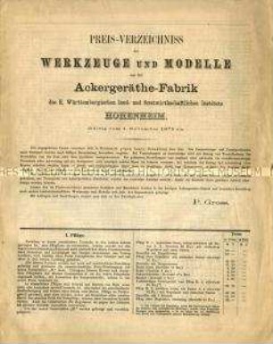 Preis-Verzeichnis der Werkzeuge und Modelle