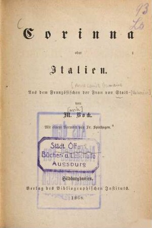 Frau von Staël's Corinna oder Italien