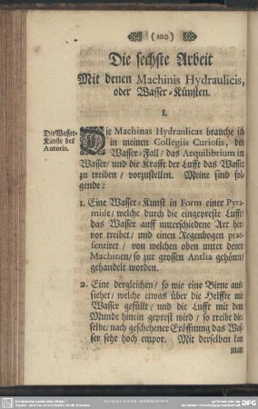 Die sechste Arbeit, Mit denen Machinis Hydraulicis, oder Wasser-Künsten