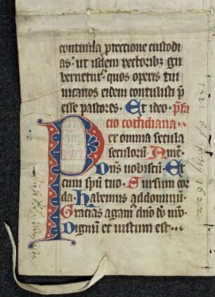 Zierinitiale (Praefatio in natale apsotolorum): P(er omnia secula seculorum Amen)