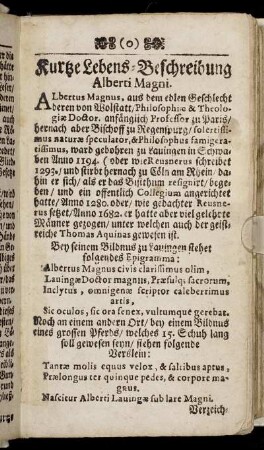 Kurtze Lebens-Beschreibung Alberti Magni