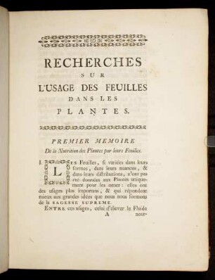Premier Memoire. De la Nutrition des Plantes par leurs Feuilles.