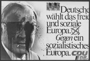 Mit Farbe beschmiertes CDU-Wahlplakat mit dem Bildnis von Helmut Kohl