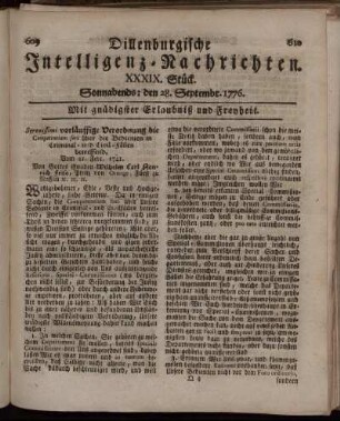 XXXIX. Stück: Sonnabends: den 28. September 1776.