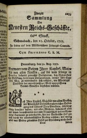 66tes Stuck. Schwabach, den 25. October, 1757.