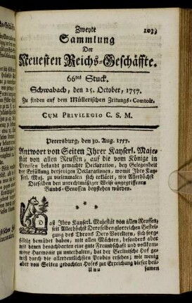 66tes Stuck. Schwabach, den 25. October, 1757.