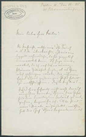 16. Januar 1885, Berlin [Brief von Alphons Stübel an Max Uhle]
