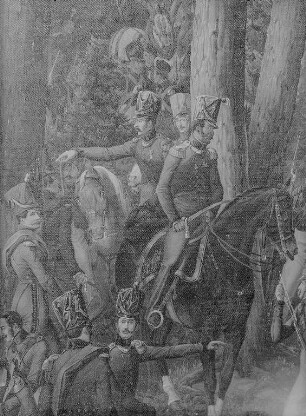 Das 1. leichte Inf.-Rgt. Le Coq (später Schützen 108 und Jäger 12 und 13) in der Schlacht bei Podobna am 12.8.1812 kurz vorm Angriff. Zu Pferd: Oberstleutnant und Rgts.-Kommandeur von Egidy mit Säbel, dahinter mit der Hand zeigend, Major und Batl.-Kommandeur von Metzsch. Beide Offiziere fielen zwei Monate später am 11.10.1812