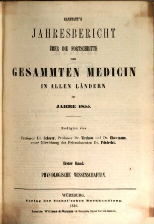 Canstatt's Jahresbericht über die Fortschritte der gesammten Medicin in allen Ländern. 1855 = N.S. 5