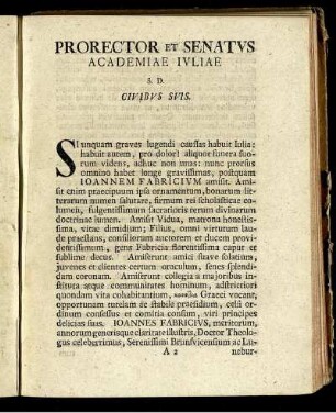 Prorector Et Senatus Academiae Iuliae S.D. Ciuibus Suis.