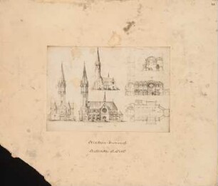 Kirchenentwurf: 1 perspektivische Ansicht, 2 Normal-Ansichten, Längsschnitt, 1 Synopse zweier Querschnitte, 1 zweigeteilter Grundriss für Erd- und Emporengeschoss, Maßstabsleiste