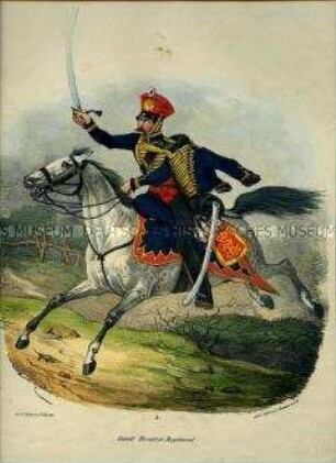 Uniformdarstellung, Husar zu Pferd des Garde-Husaren-Regiments, Preußen 1830. Aus: Elzholz u.a.: Das Preussische Heer. Tafel 5.