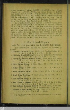 2. Das Lehrerkollegium und die ihm zugeteilte wöchentliche Lehrarbeit