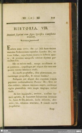 Historia VIII. Maniaci septimi cum signo Specifico Camphora tractati