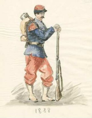 Aquarellstudie zu einem Tambour in Uniform 1888 mit aufgestütztem Gewehr, stehend, in Profil