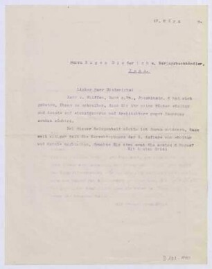 Schreiben an Eugen Diederichs, Verlagsbuchhändler (Brief)