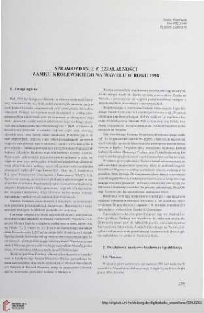 Sprawozdanie z działalności Zamku Królewskiego na Wawelu w roku 1998