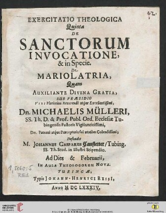 Exercitatio Theologica Quinta De Sanctorum Invocatione, & in Specie. De Mariolatria