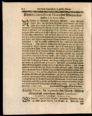 Käyserl. Commissions-Decret des Müntzwesens halber, de Anno 1690