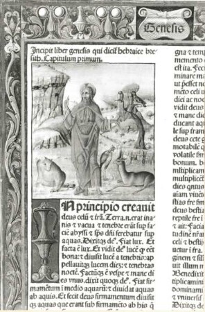 Biblia latina, 1479 (sogenannte Jenson-Bibel) : Biblia latina, 1479 (sogenannte Jenson-Bibel). Druck von N. Jenson, 1479. Textseite und Illustration zur "Genesis". Ausschnitt: Erschaffung der Tierwelt. Buchdruck, Buchmalerei; 18 x 11,5 cm (Blattgröße). Dresden: SLUB Ink.2876.2