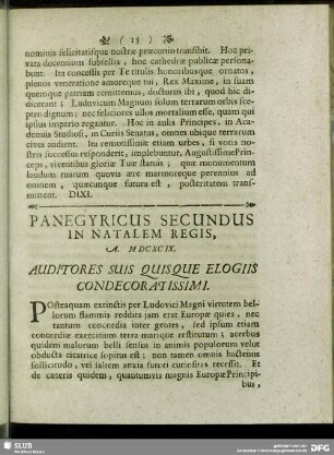Panegyricus Secundus In Natalem Regis, A. MDCXCIX