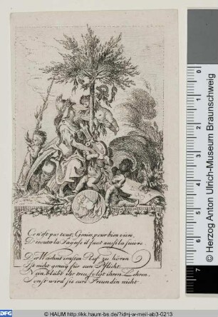 Kalenderblatt mit dem Sternzeichen Widder im Medaillon und der Minerva umgeben von Putti