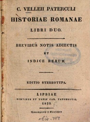 C. Velleii Paterculi Historiae Romanae libri duo : brevibus notis adiectis et indice rerum