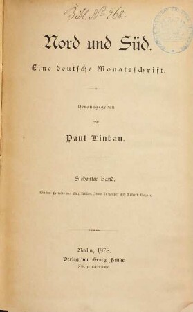 Nord und Süd : Monatsschrift für internationale Zusammenarbeit. 7, 7. 1878