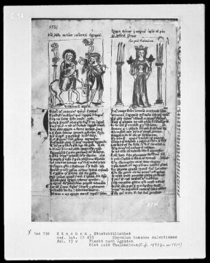 Speculum humanae salvationes — Textseite mit zwei Miniaturen, Folio 13verso
