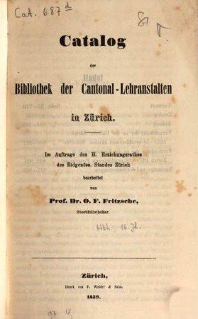 Catalog der Bibliothek der Cantonal-Lehranstalten in Zürich