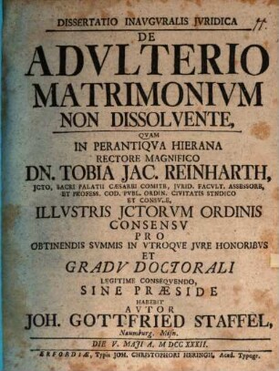 Dissertatio Inavgvralis Jvridica De Advlterio Matrimonivm Non Dissolvente