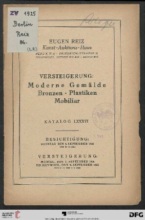 Versteigerung: moderne Gemälde, Bronzen, Plastiken, Mobiliar : Versteigerung 7. bis 9. September 1925 (Katalog Nr. 86)