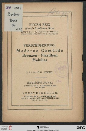Versteigerung: moderne Gemälde, Bronzen, Plastiken, Mobiliar : Versteigerung 7. bis 9. September 1925 (Katalog Nr. 86)