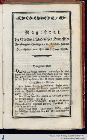 Magistrat der Großherz. Badenschen Hauptstadt Freyburg