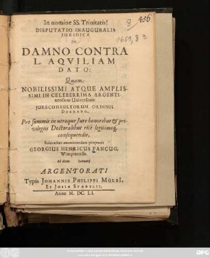 Disputatio Inauguralis Iuridica De Damno Contra L. Aquiliam Dato