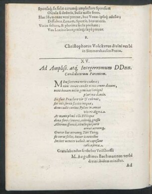 Beiträger XV. Ad Ampliss. atq[ue] Integerrimum DDnn. Candidatorum Parentem.