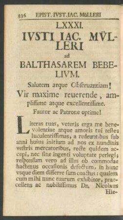 LXXXI. Iusti Iac. Mülleri ad Balthasarem Bebelium