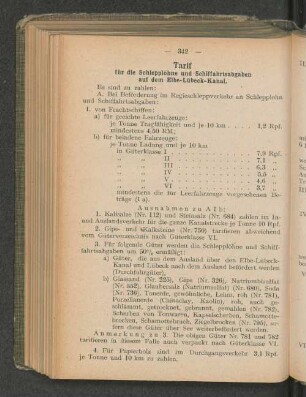 Tarif für die Schlepplöhne und Schiffahrtsabgaben auf dem Elbe-Lübeck-Kanal.
