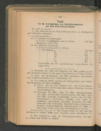 Tarif für die Schlepplöhne und Schiffahrtsabgaben auf dem Elbe-Lübeck-Kanal.