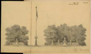 Platzgestaltung vor dem Brandenburger Tor, Berlin Monatskonkurrenz Januar 1876: Ansicht zweier Brunnenanlagen; Maßstabsleiste