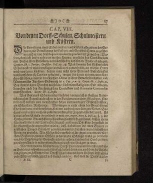Cap. VIII. Von denen Dorff-Schulen, Schulmeistern und Küstern.