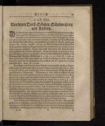Cap. VIII. Von denen Dorff-Schulen, Schulmeistern und Küstern.