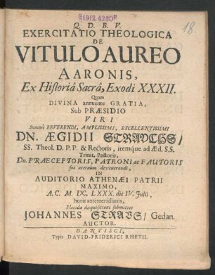 Exercitatio Theologica De Vitulo Aureo Aaronis, Ex Historia Sacra, Exodi XXXII.