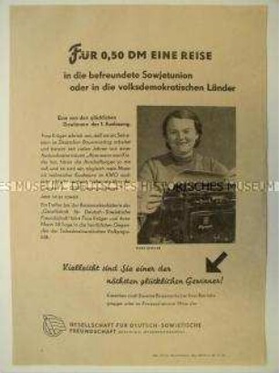 Flugblatt mit dem Porträt einer Gewinnerin der Reisemarkenlotterie der DSF